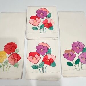 Hand Embroidered Tea Towels Napkin Hand Applique Floral Botanical Linen Blend